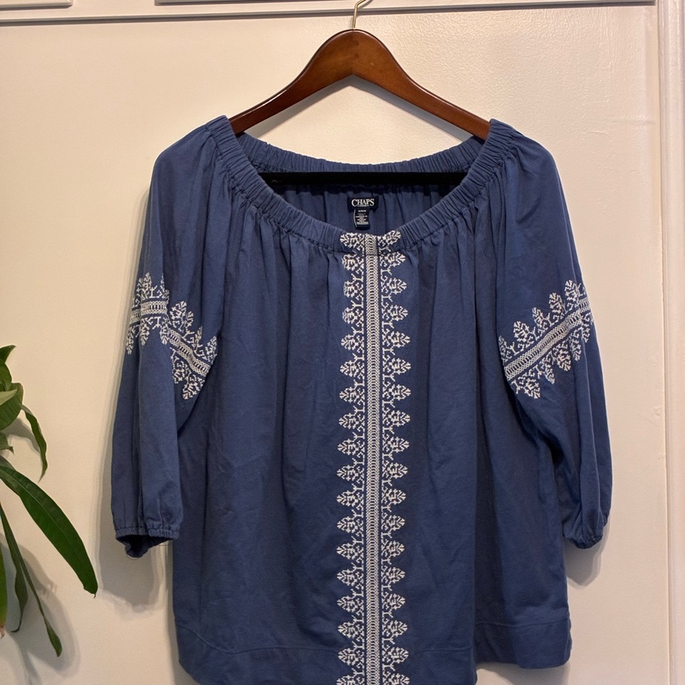 Chaps Navy and White Embroidered Blouse